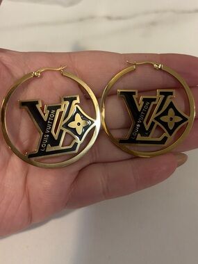 Gold Hoop Earrings with Black LV Monogram